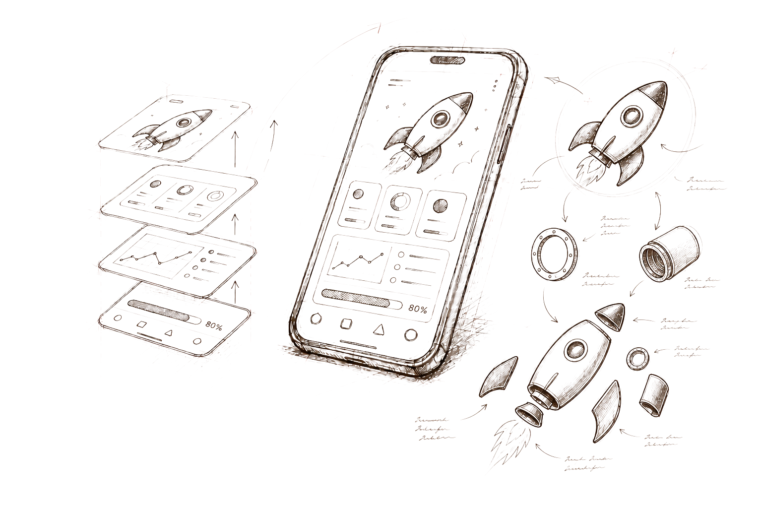 Hand-drawn retro rocket app prototype with rocket and part annotations on the right
